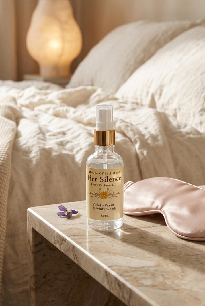 Her Silence Linen Perfume Mist – Soft Violet, Vanilla & White Woods | Luxury Linen Mist 50ml