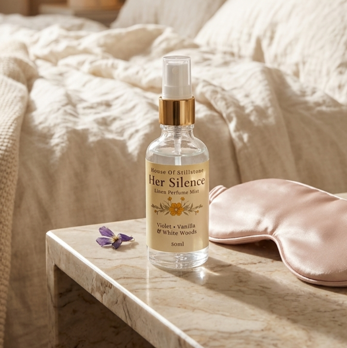Her Silence Linen Perfume Mist – Soft Violet, Vanilla & White Woods | Luxury Linen Mist 50ml