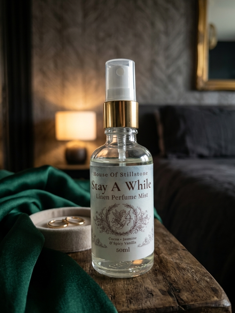 Stay A While Linen Perfume Mist – Warm Cocoa, Soft Florals & Spiced Vanilla | Luxury Linen Mist 50ml