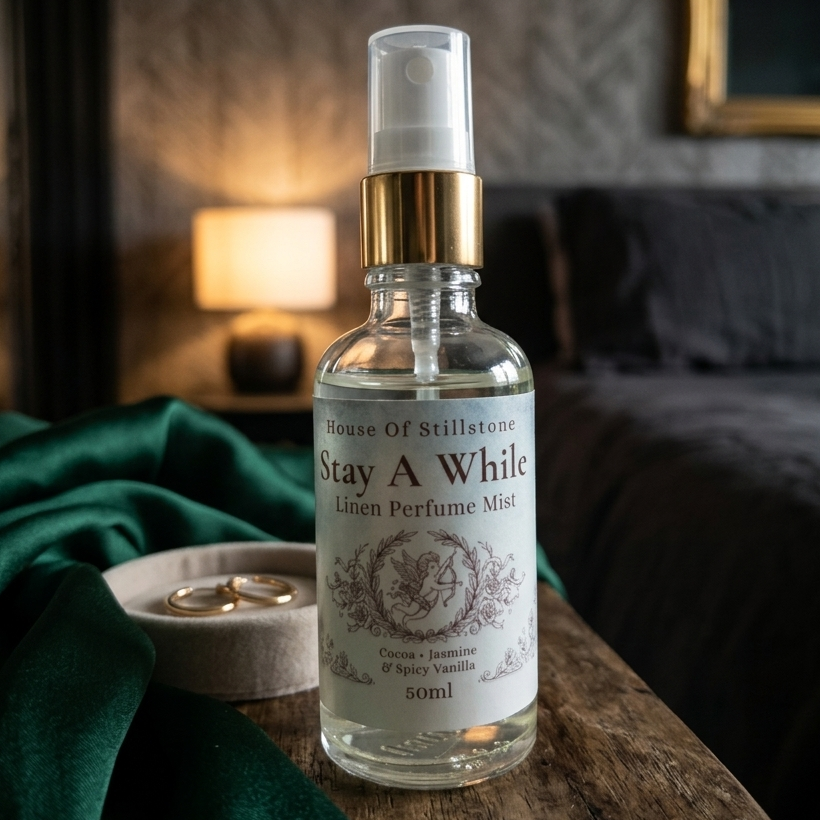 Stay A While Linen Perfume Mist – Warm Cocoa, Soft Florals & Spiced Vanilla | Luxury Linen Mist 50ml