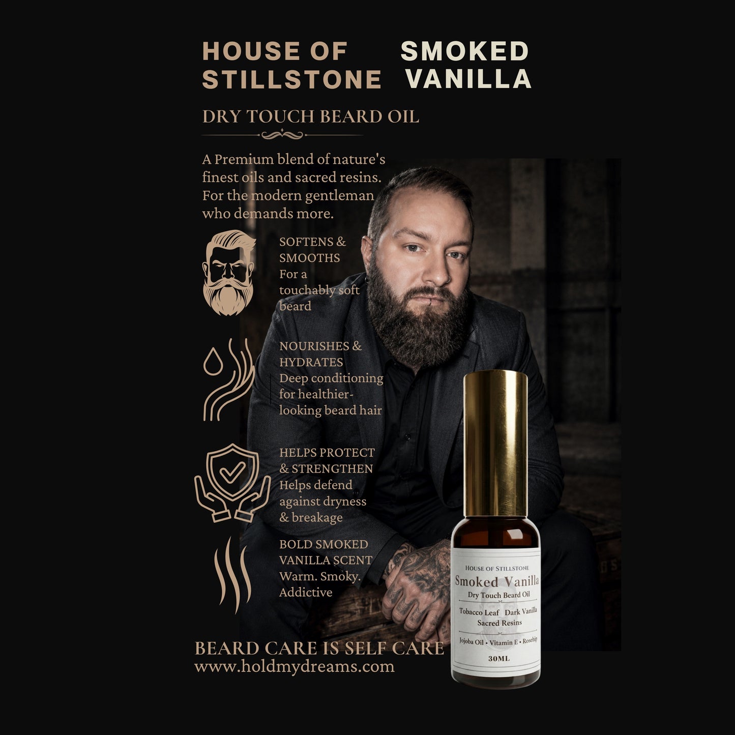 House of Stillstone Smoked Vanilla | Dry-Touch Beard Oil with Camellia & Jojoba