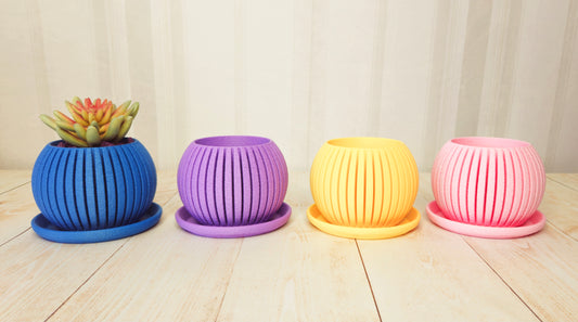 Electric Blue 3D Printed Ribbed Planter with Succulent - Modern Decor Collect Them All!