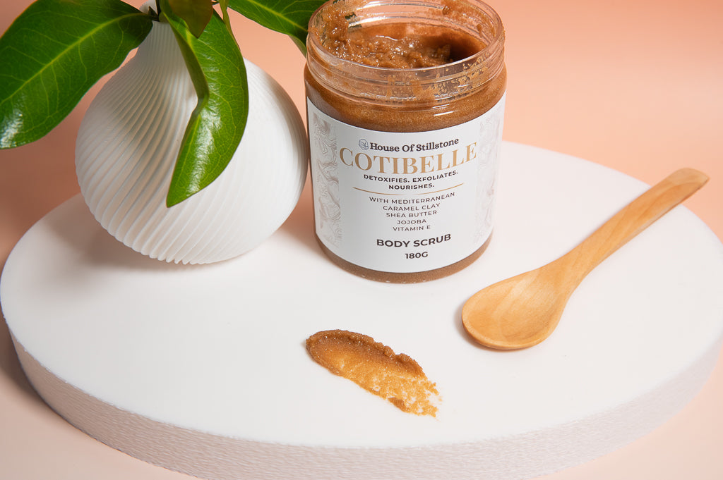 Cotibelle Detox Body Scrub with Mediterranean Caramel Clay & Shea Butter Jojoba and Vitamin E Part of the exclusive House of Stillstone Cotibelle Collection
