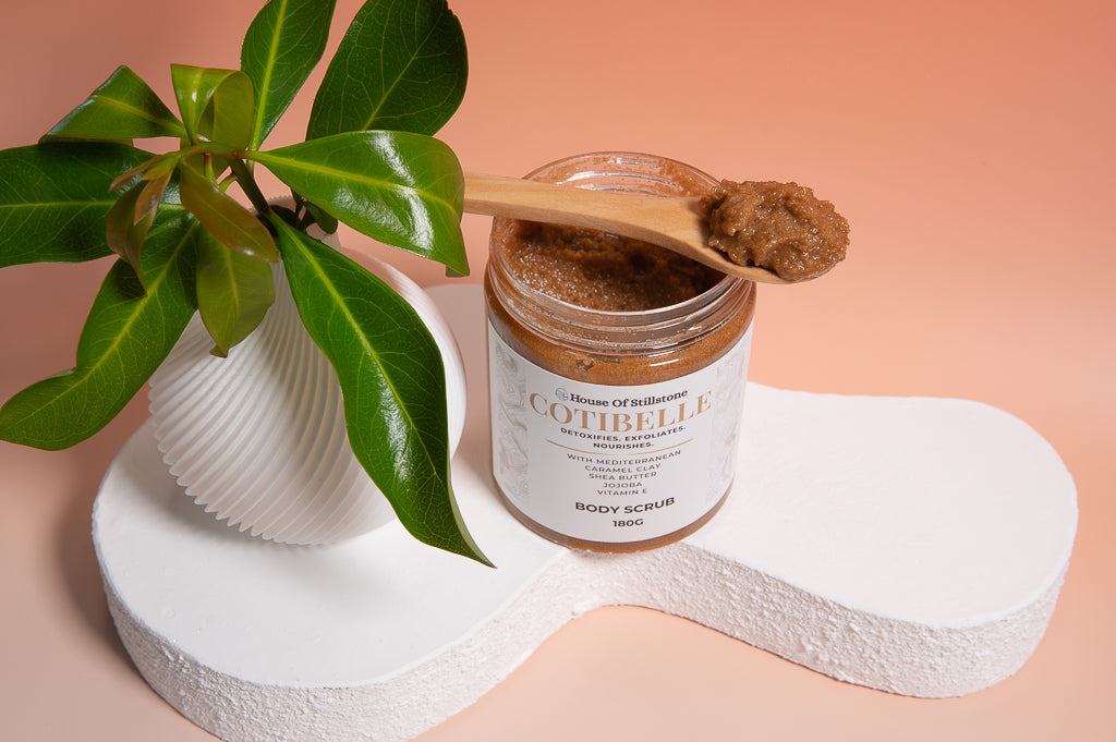 Cotibelle Detox Body Scrub with Mediterranean Caramel Clay & Shea Butter Jojoba and Vitamin E Part of the exclusive House of Stillstone Cotibelle Collection