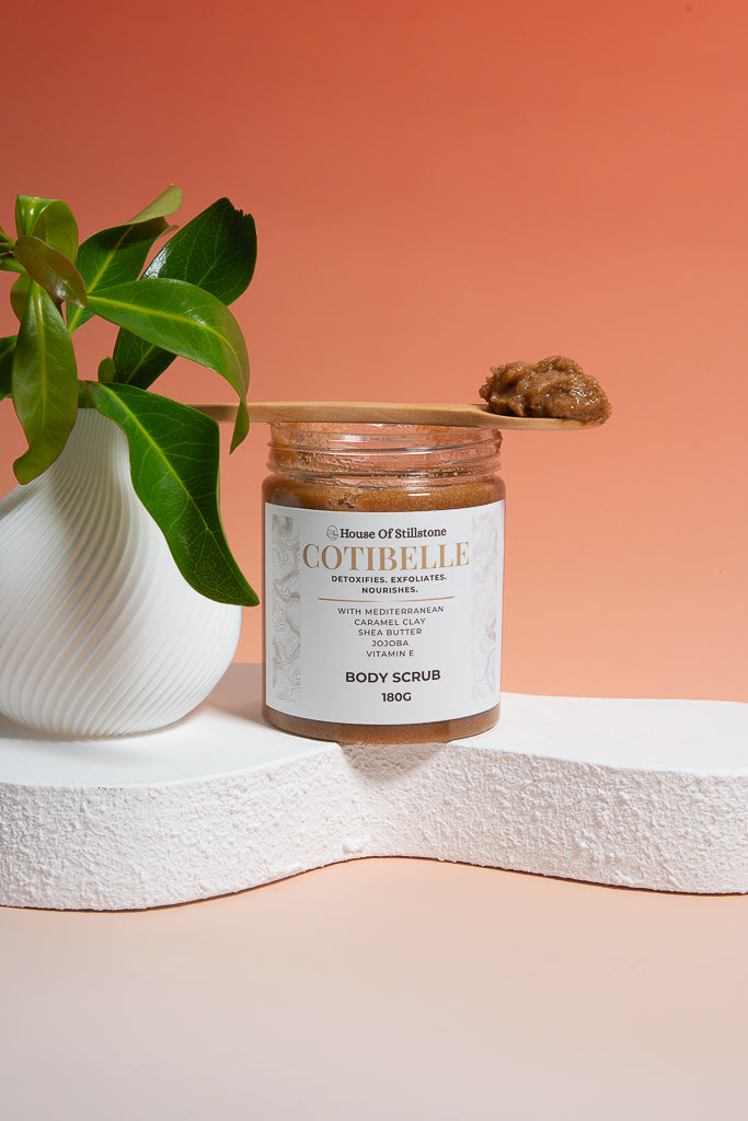 Cotibelle Detox Body Scrub with Mediterranean Caramel Clay & Shea Butter Jojoba and Vitamin E Part of the exclusive House of Stillstone Cotibelle Collection