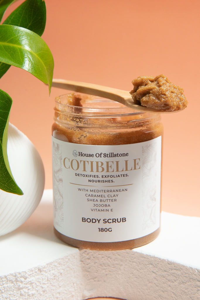Cotibelle Detox Body Scrub with Mediterranean Caramel Clay & Shea Butter Jojoba and Vitamin E Part of the exclusive House of Stillstone Cotibelle Collection