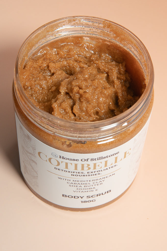 Cotibelle Detox Body Scrub with Mediterranean Caramel Clay & Shea Butter Jojoba and Vitamin E Part of the exclusive House of Stillstone Cotibelle Collection