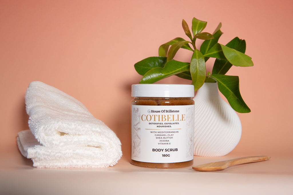 Cotibelle Detox Body Scrub with Mediterranean Caramel Clay & Shea Butter Jojoba and Vitamin E Part of the exclusive House of Stillstone Cotibelle Collection
