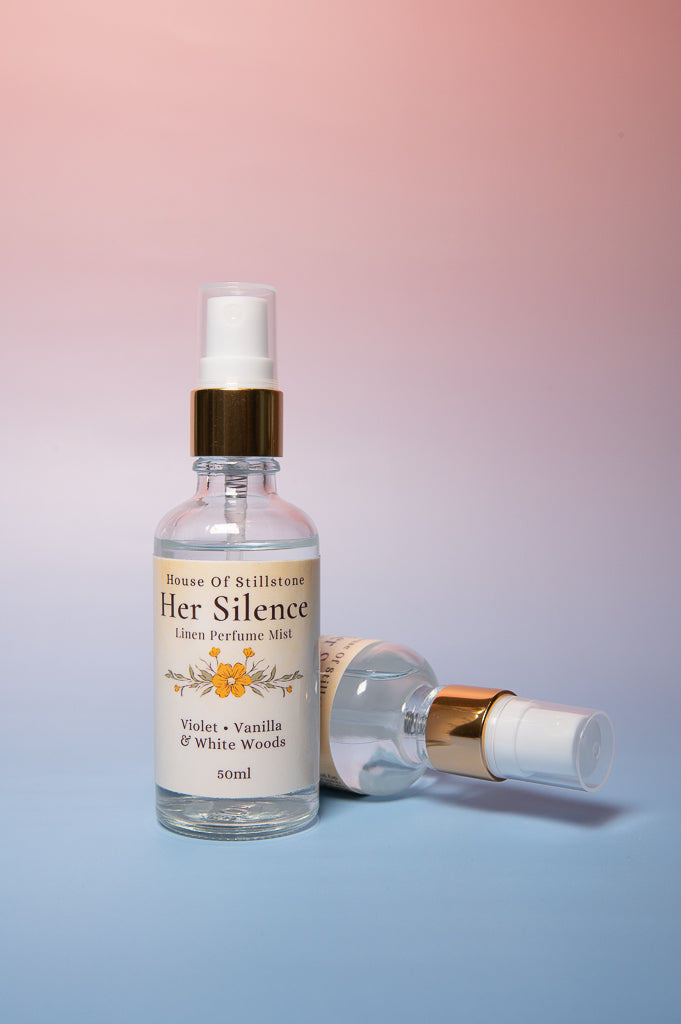 Her Silence Linen Perfume Mist – Soft Violet, Vanilla & White Woods | Luxury Linen Mist 50ml
