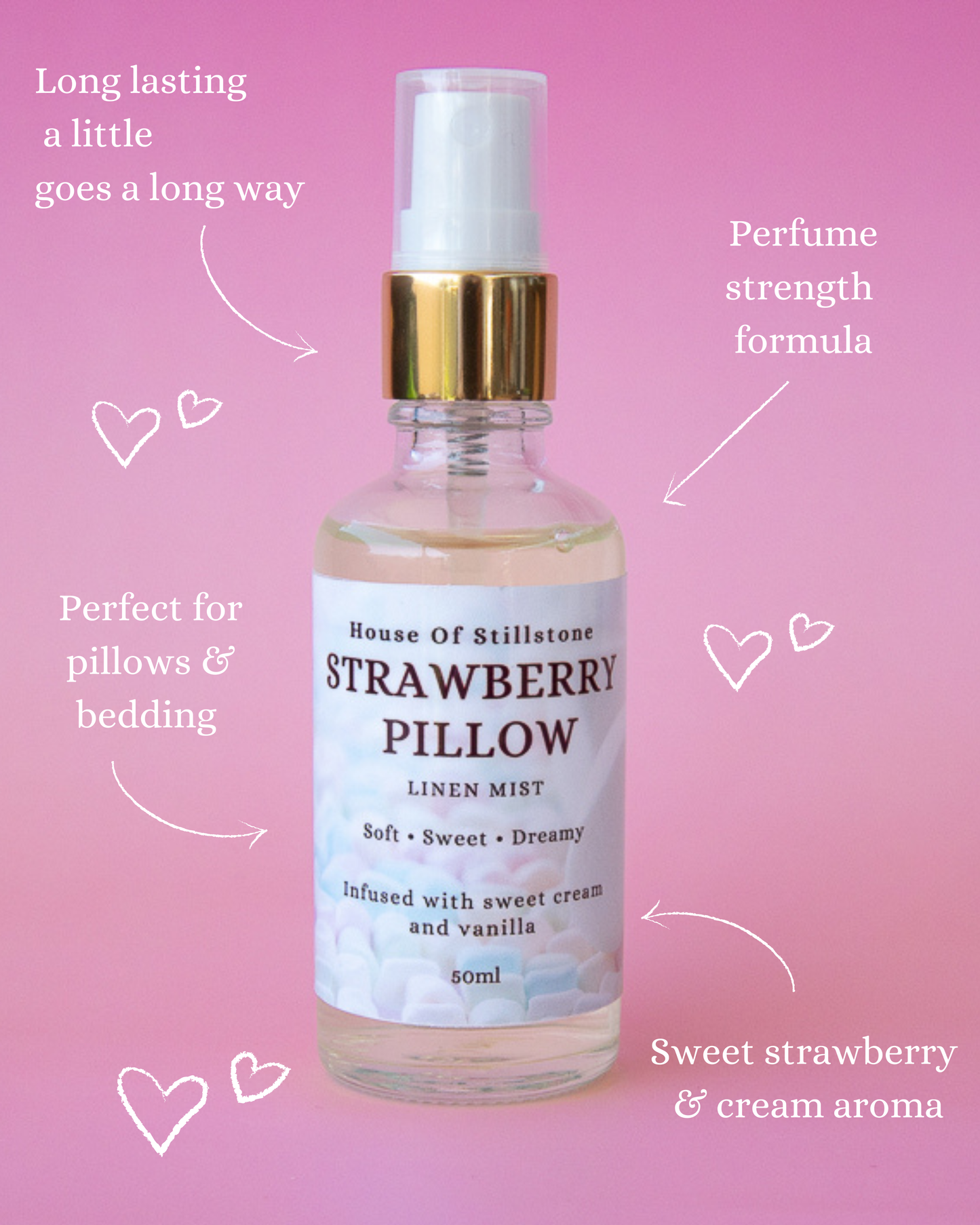 Strawberry Pillow & Linen Mist – Sweet Strawberry, Cream & Vanilla Luxury Sleep Spray | House of Stillstone
