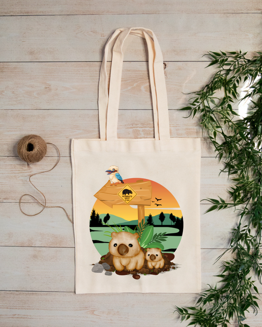 Australian Animals Illustrated Tote - Wombat, Kookaburra & Nature Scene